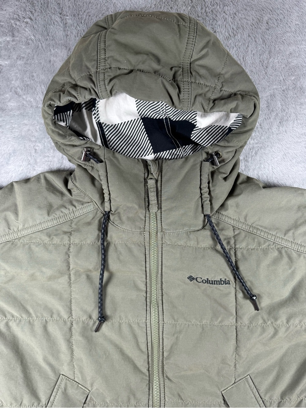 Columbia XS Olive Insulated Hooded Parka Plaid Lined Jacket - Picture 4 of 11